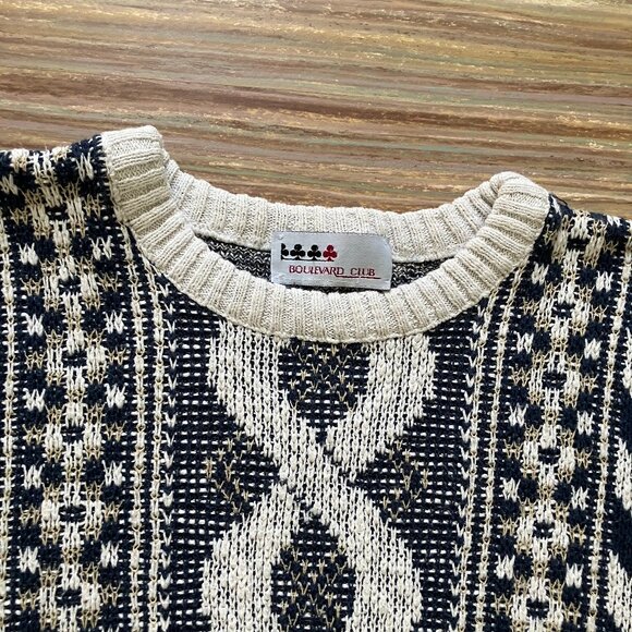 Boulevard Club Textured Knit Pullover Sweater Vintage 90s Blue/White Pattern - Picture 3 of 7